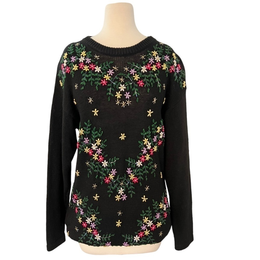 NUTCRACKER Vintage 3D Beaded Floral Long Oversized Crewneck Sweater Black Size S